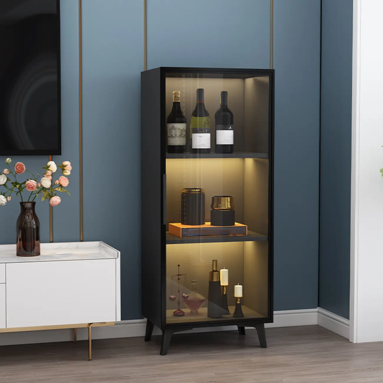 Floor Modern Metal Shelf Glass Doors Display Cabinet Image - 7 | homeyfad