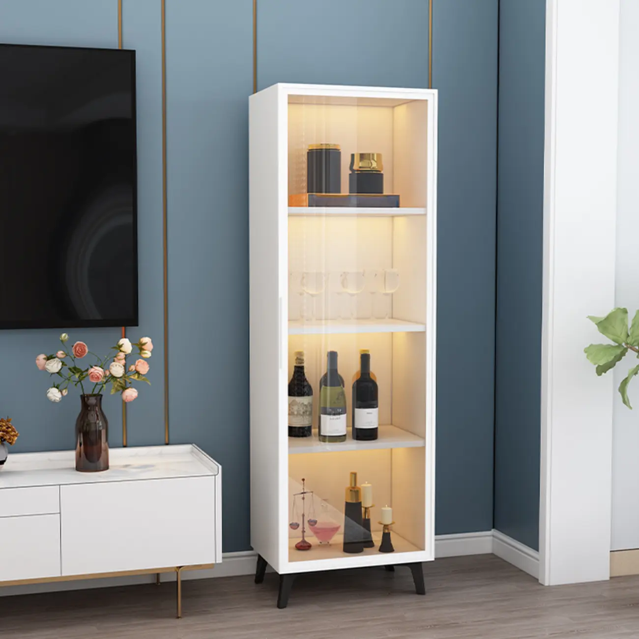 Floor Modern Metal Shelf Glass Doors Display Cabinet Image - 3 | homeyfad