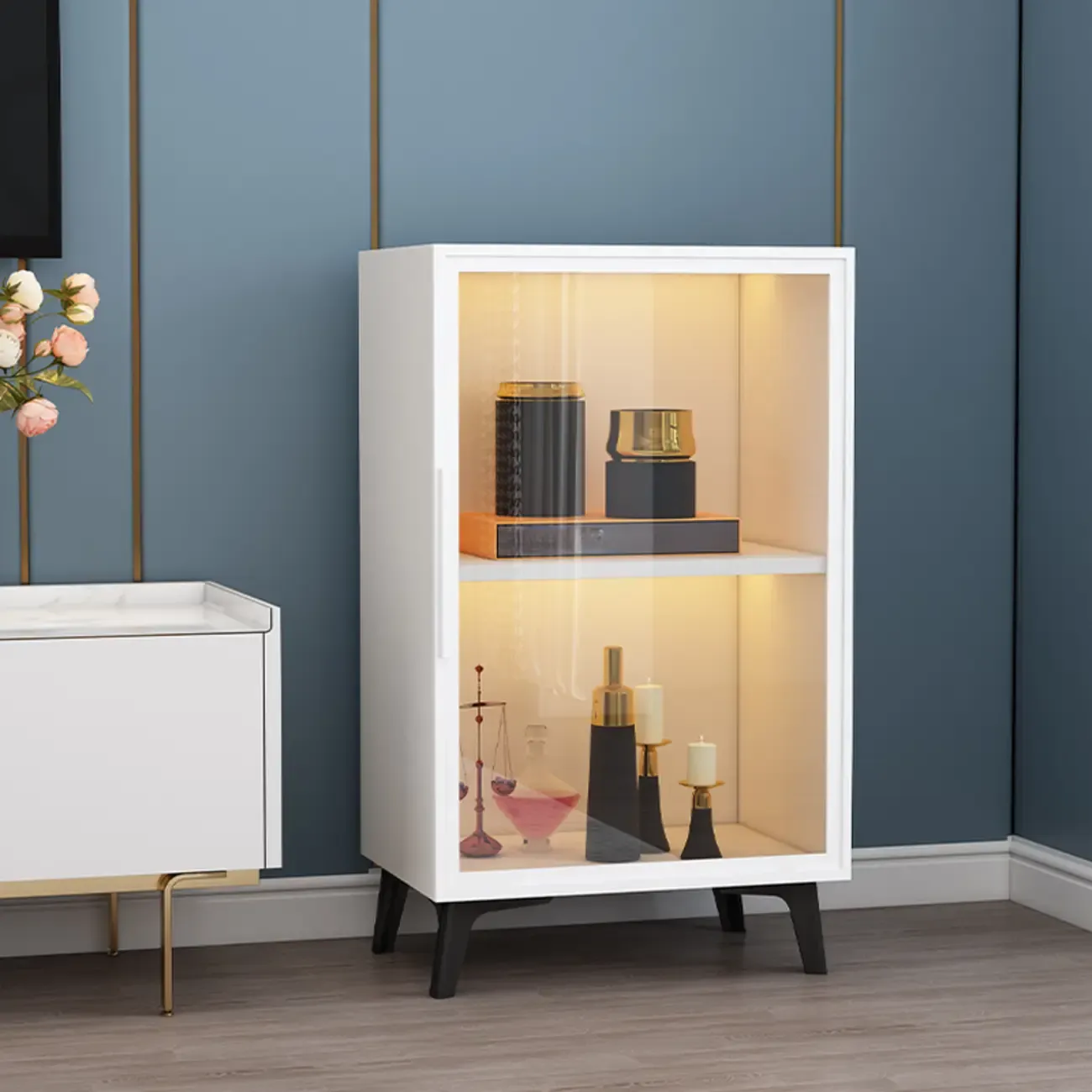 Floor Modern Metal Shelf Glass Doors Display Cabinet Image - 6