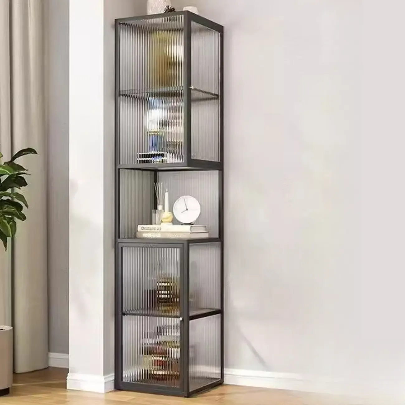 Modern Floor 4-Shelf Metal Display Cabinet with Glass Doors Image - 1