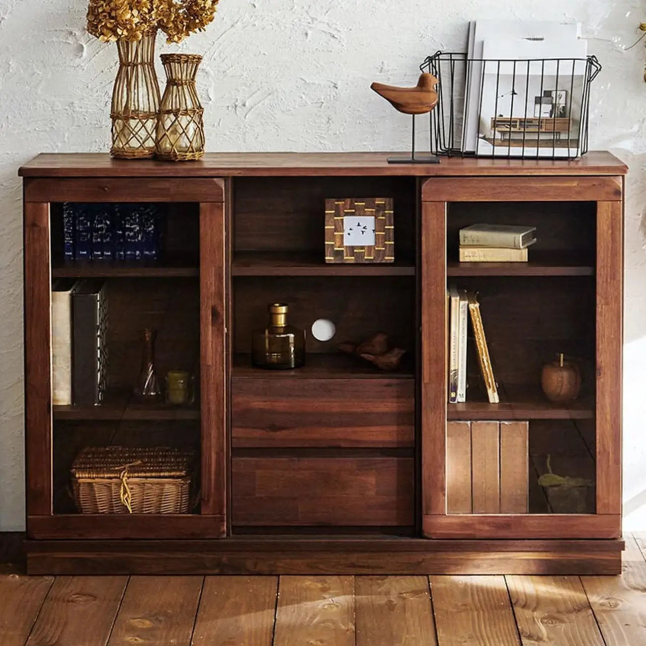 Brown Modern Wood Glass Display Cabinet with Storage Image - 5 | homeyfad