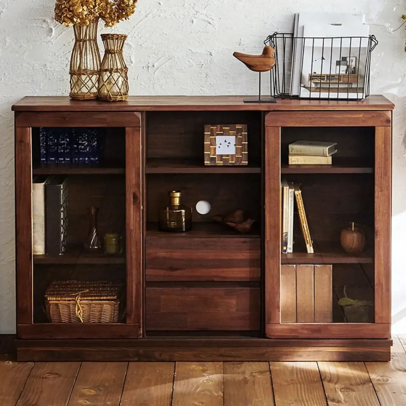 Brown Modern Wood Glass Display Cabinet with Storage Image - 5