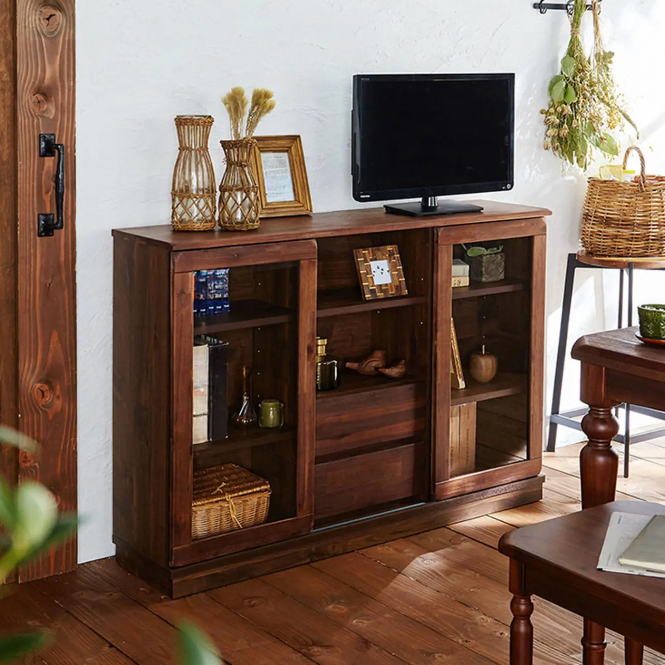 Brown Modern Wood Glass Display Cabinet with Storage Image - 6 | homeyfad