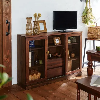 Brown Modern Wood Glass Display Cabinet with Storage Image - 6