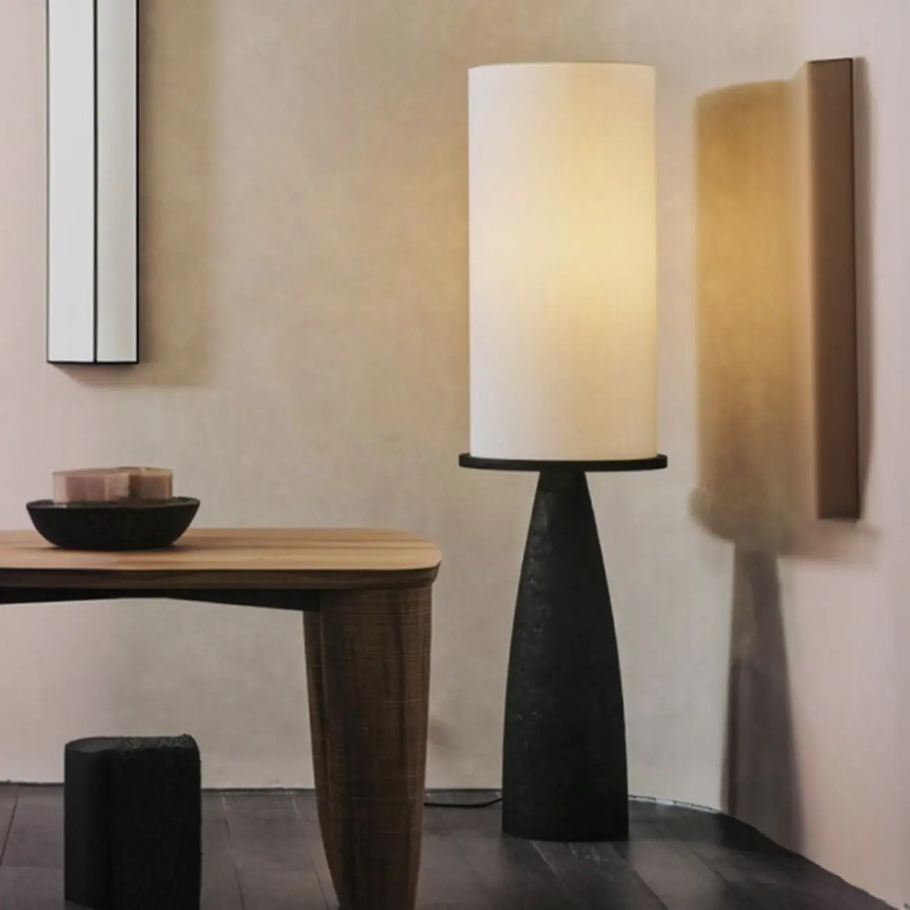 Modern Geometric Fabric Shade Wood Floor Lamp Image - 1 | homeyfad