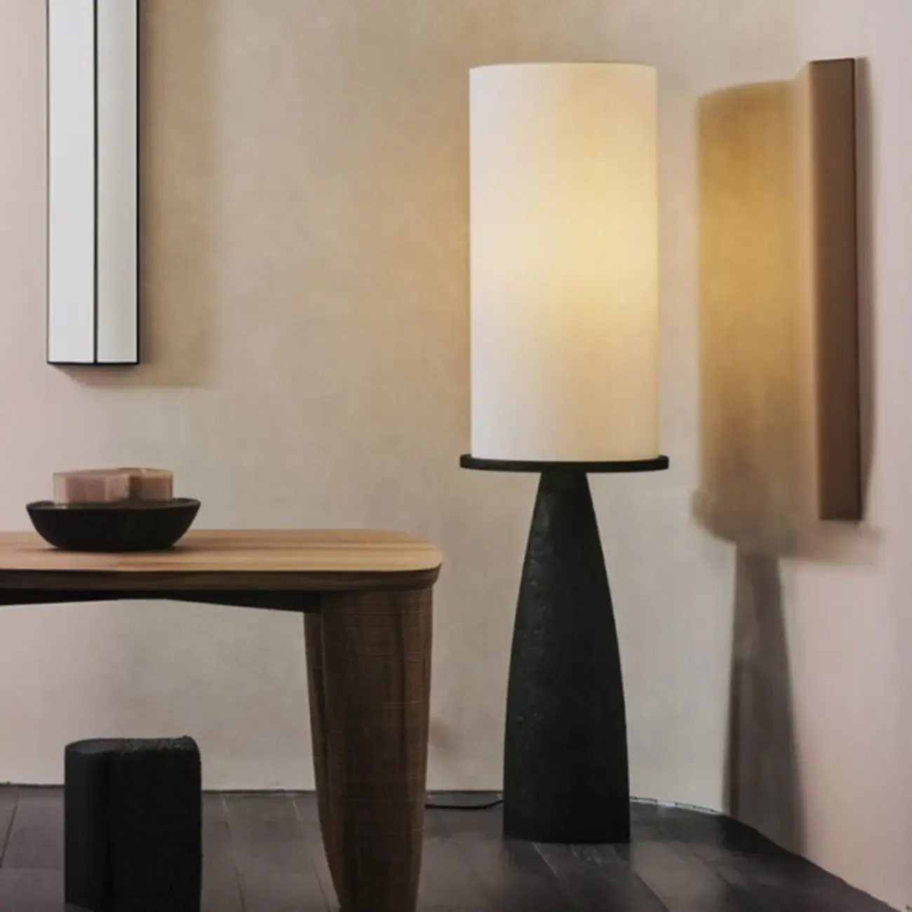 Modern Geometric Fabric Shade Wood Floor Lamp Image - 1
