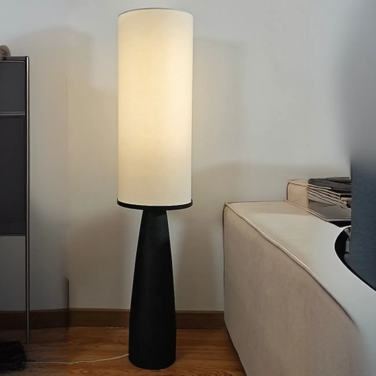 Modern Geometric Fabric Shade Wood Floor Lamp Image - 4