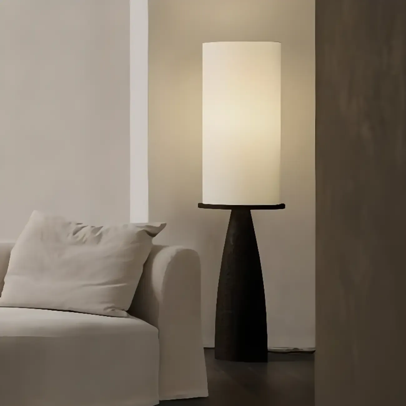 Modern Geometric Fabric Shade Wood Floor Lamp Image - 5