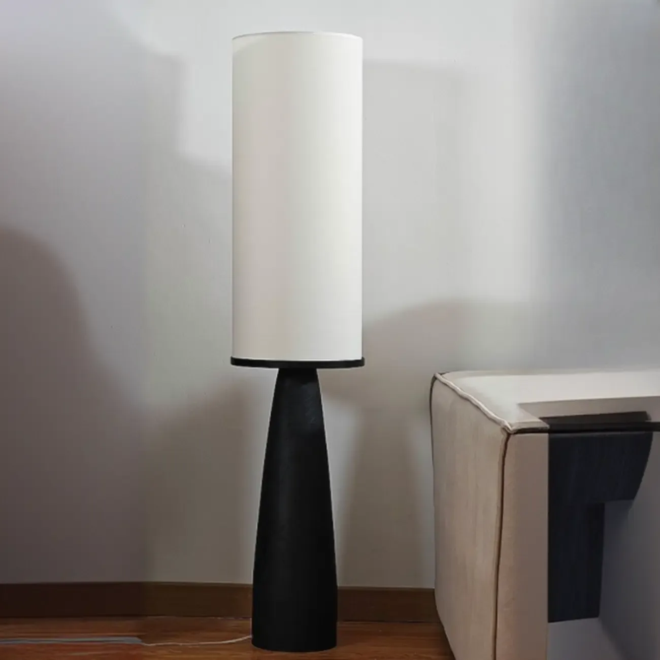 Modern Geometric Fabric Shade Wood Floor Lamp Image - 6