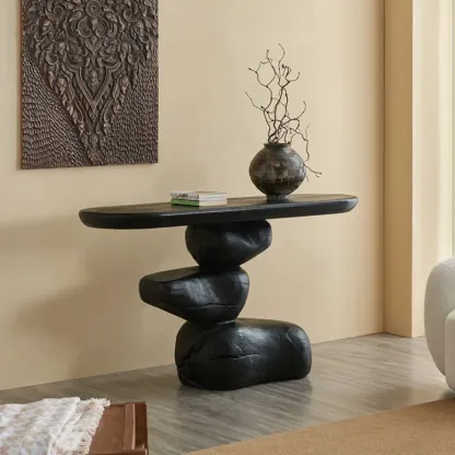 Abstract Black Wood Console Table With Sculptural Base Image - 1