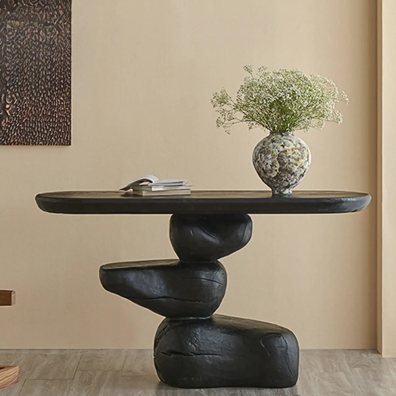 Abstract Black Wood Console Table With Sculptural Base Image - 2 | homeyfad
