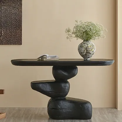 Abstract Black Wood Console Table With Sculptural Base Image - 2