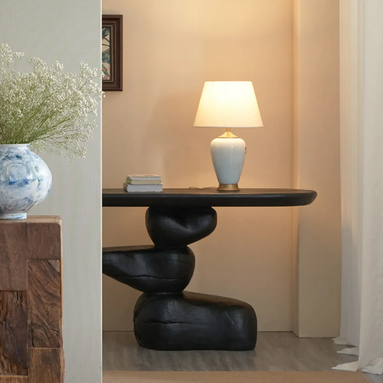 Abstract Black Wood Console Table With Sculptural Base Image - 3 | homeyfad