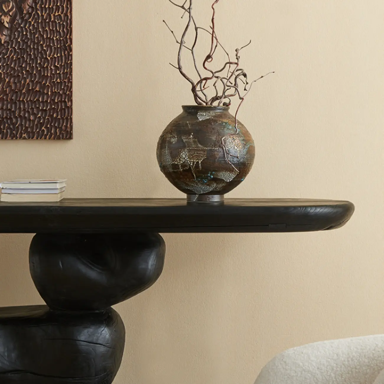 Abstract Black Wood Console Table With Sculptural Base Image - 4 | homeyfad