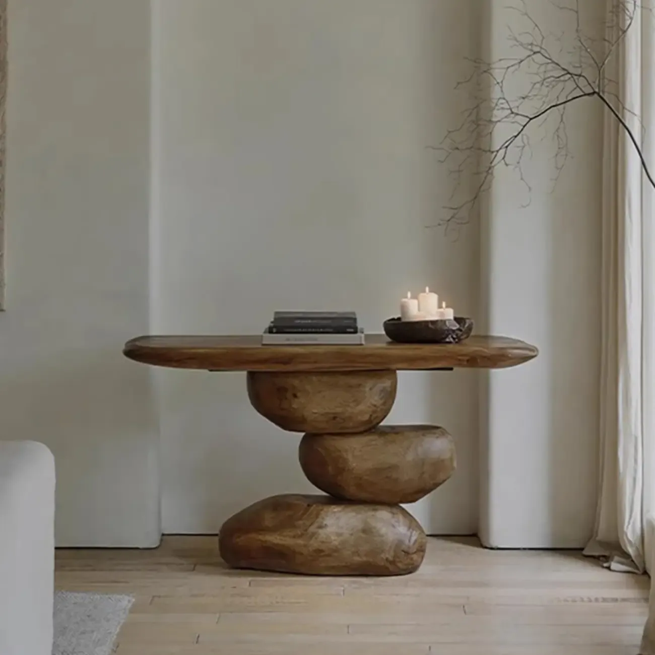 Natural Finish Modern Wood Elliptical Console Table Image - 1