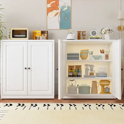 Narrow Metal White Buffet Cabinet with Drawer Image - 4