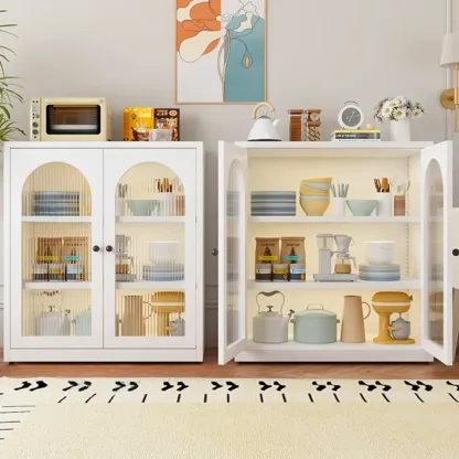 Narrow Metal White Buffet Cabinet with Drawer Image - 5