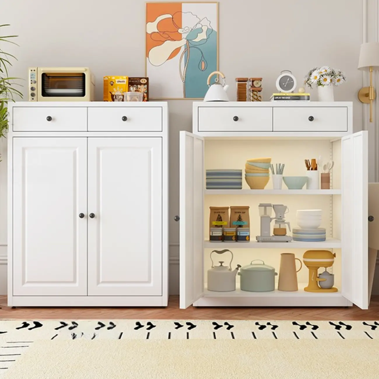 Narrow Metal White Buffet Cabinet with Drawer Image - 6 | homeyfad