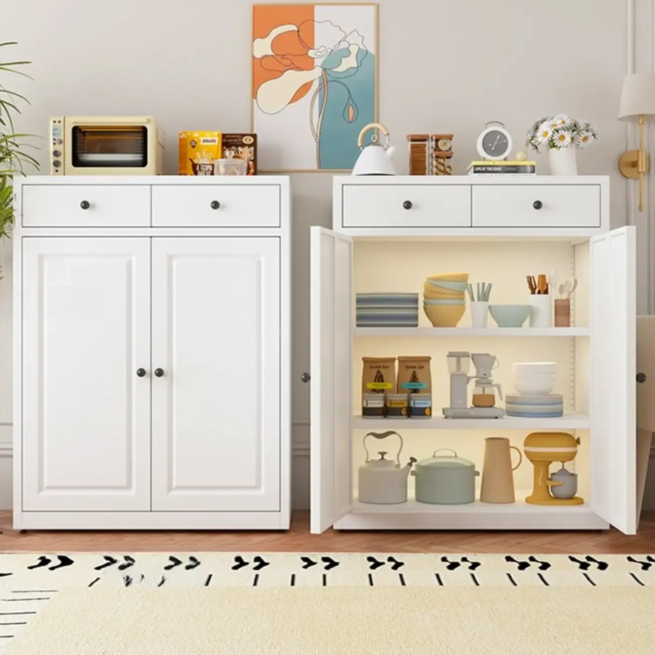 Narrow Metal White Buffet Cabinet with Drawer Image - 6