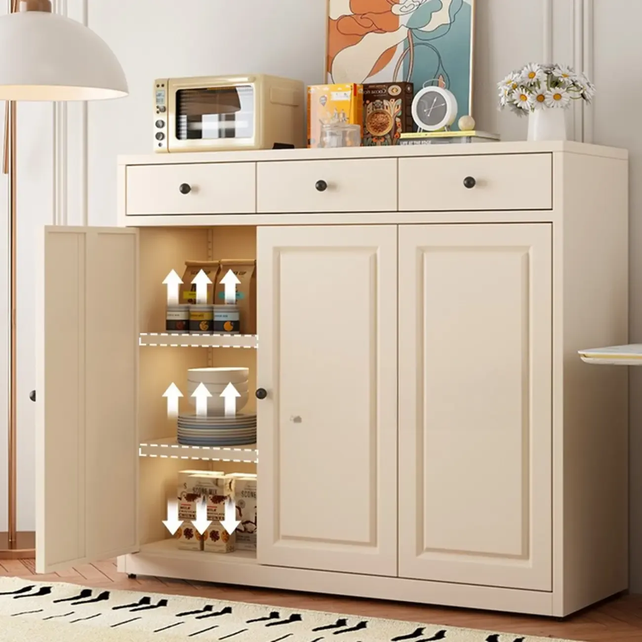 Narrow Metal White Buffet Cabinet with Drawer Image - 3