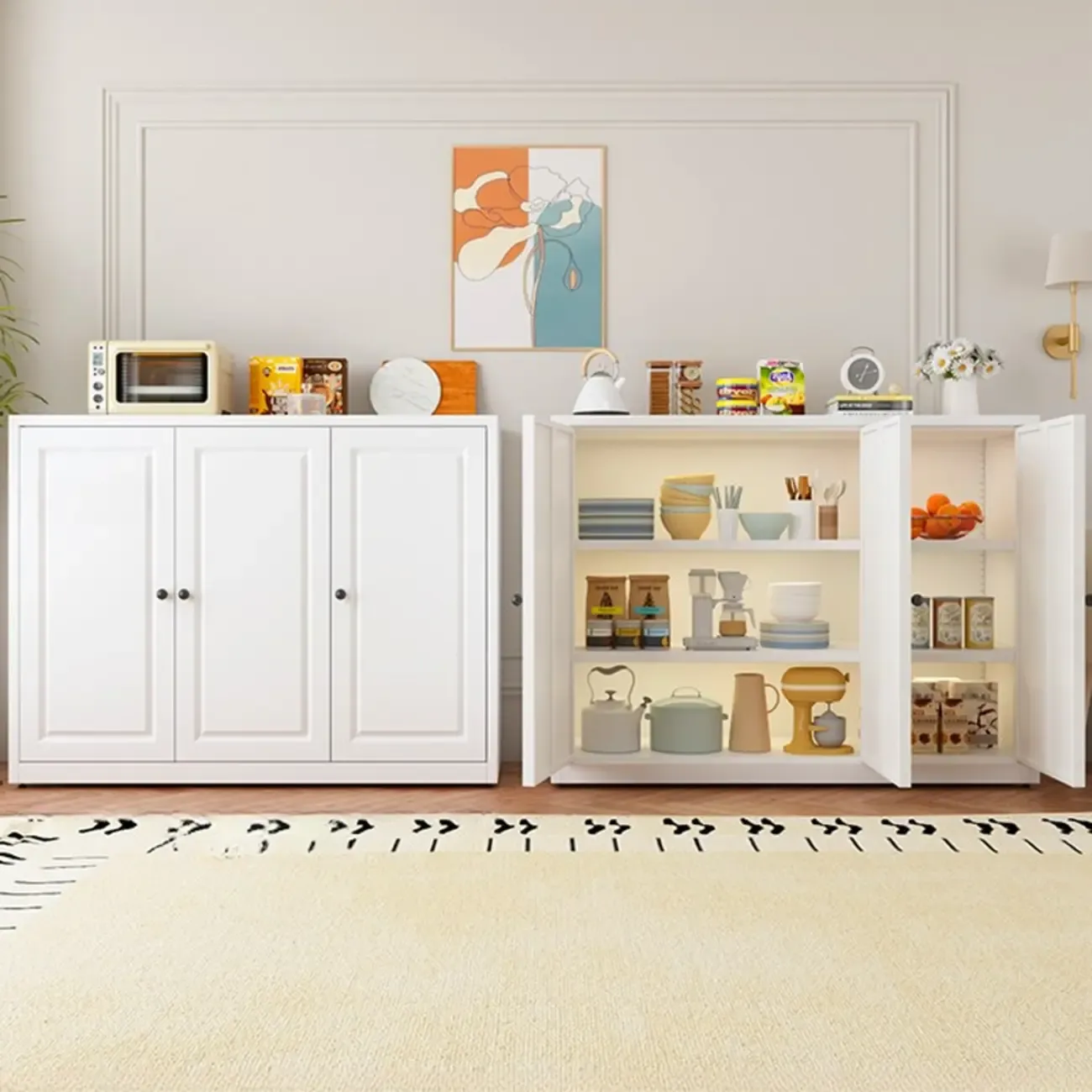 Narrow Metal White Buffet Cabinet with Drawer Image - 7