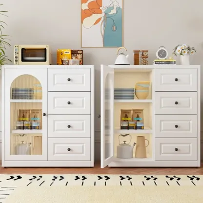 Narrow Metal White Buffet Cabinet with Drawer Image - 12