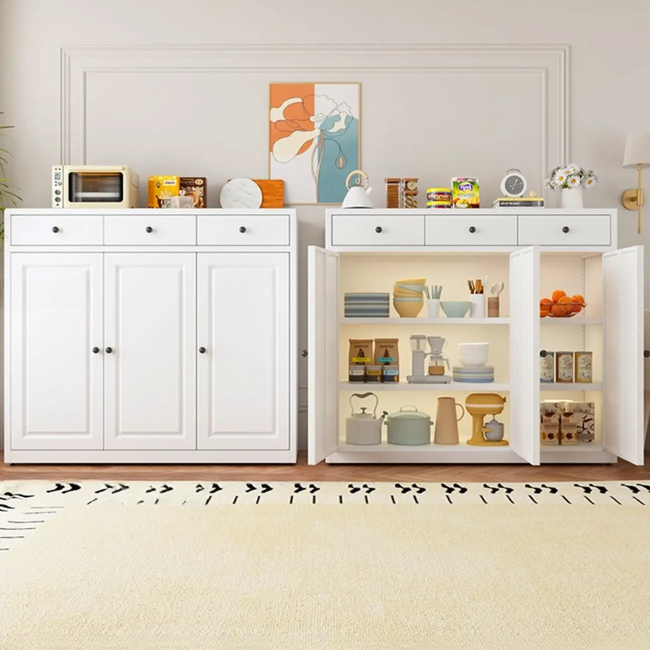 Narrow Metal White Buffet Cabinet with Drawer Image - 13 | homeyfad