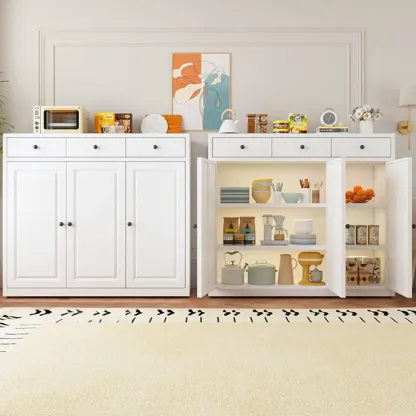 Narrow Metal White Buffet Cabinet with Drawer Image - 13