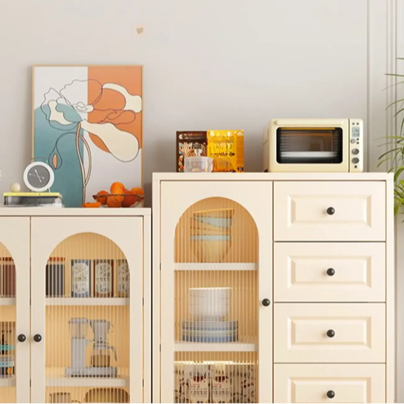Narrow Metal White Buffet Cabinet with Drawer Image - 11