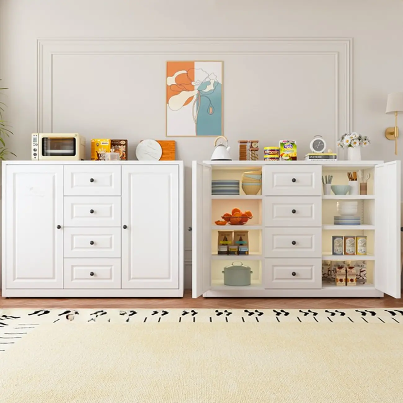 Narrow Metal White Buffet Cabinet with Drawer Image - 14 | homeyfad