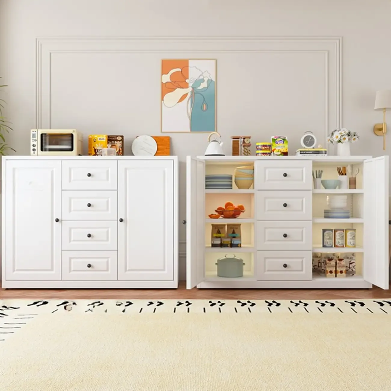 Narrow Metal White Buffet Cabinet with Drawer Image - 14