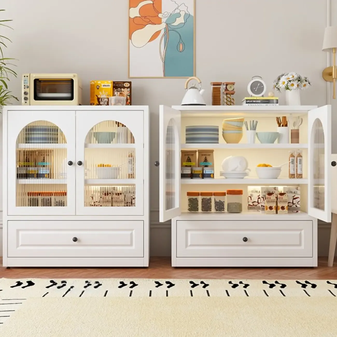 Narrow Metal White Buffet Cabinet with Drawer Image - 15