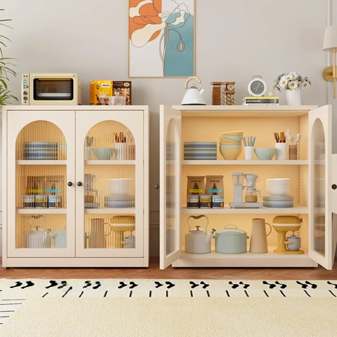 Narrow Metal White Buffet Cabinet with Drawer Image - 17