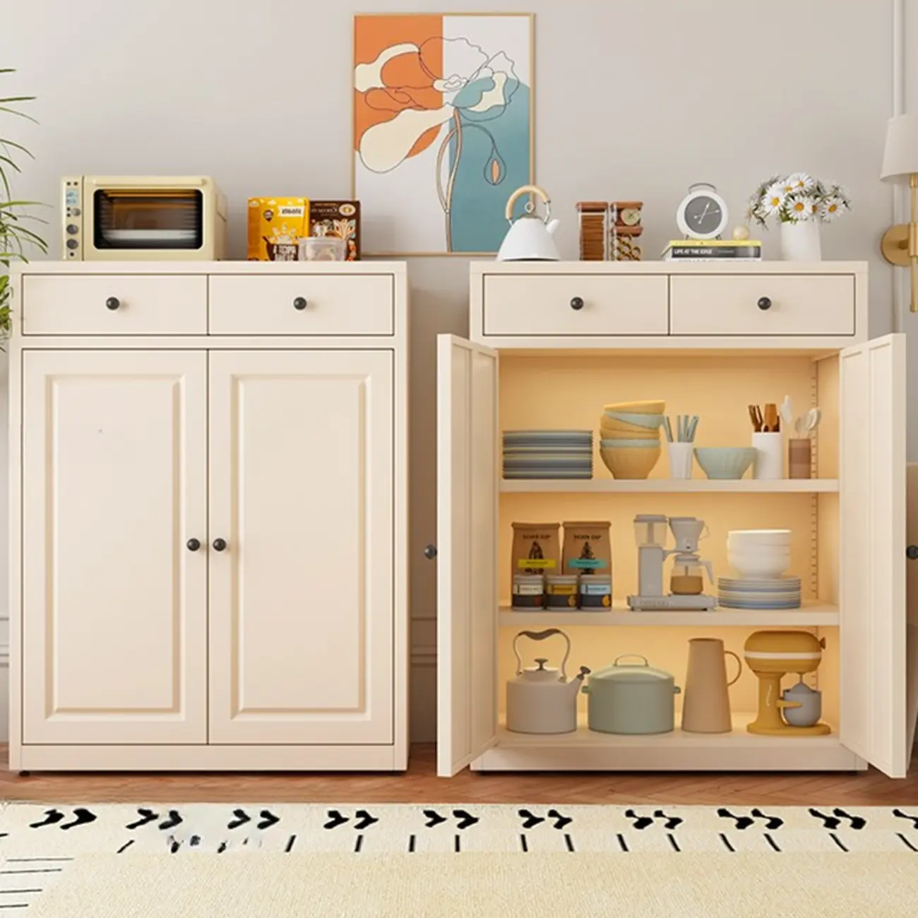 Narrow Metal White Buffet Cabinet with Drawer Image - 19 | homeyfad