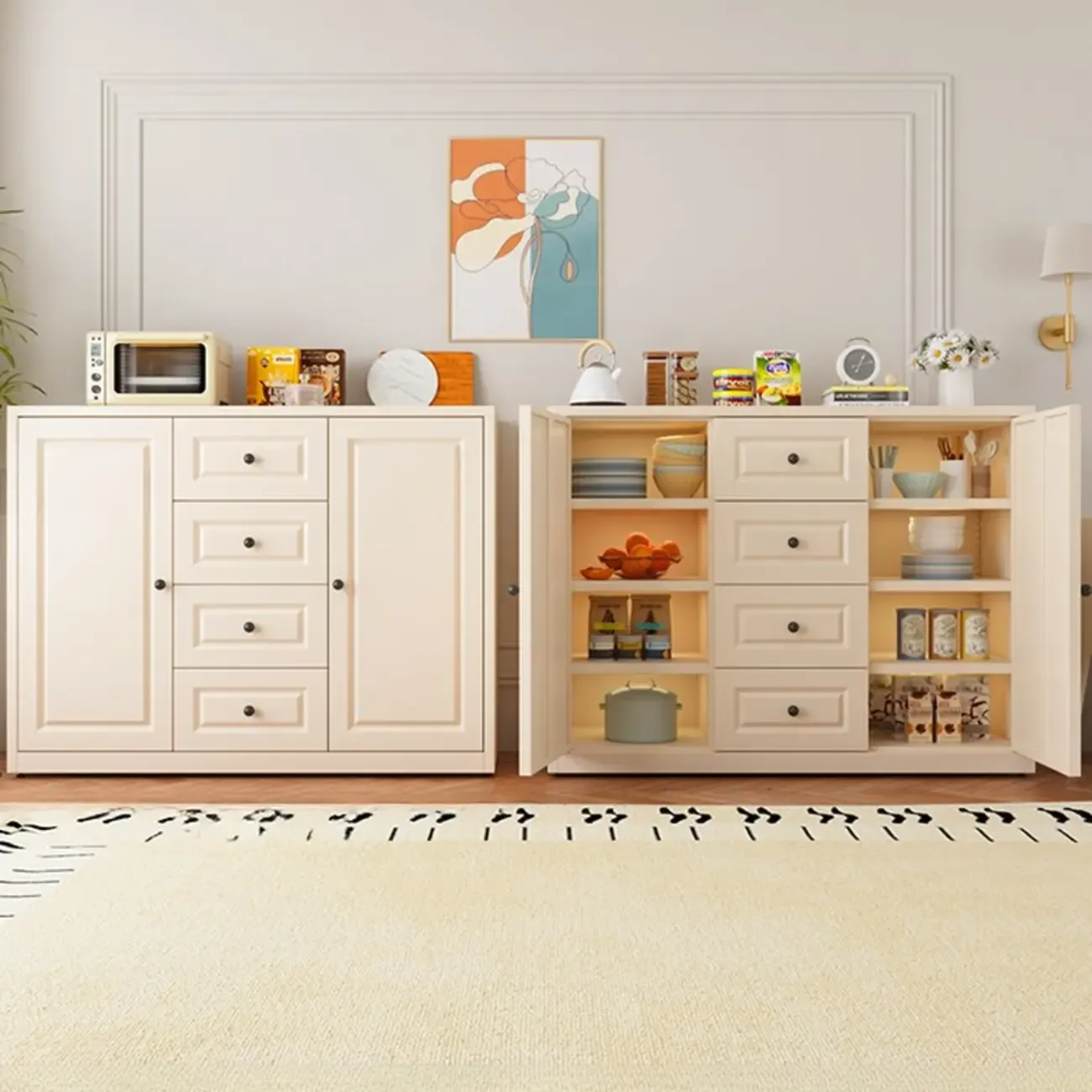 Narrow Metal White Buffet Cabinet with Drawer Image - 22