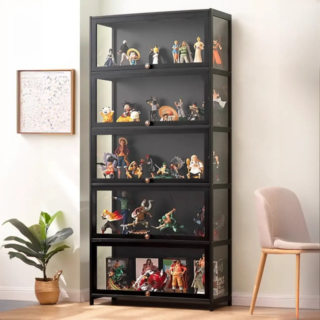 Trendy Rectangular Black Bamboo Floor Curio Cabinet Image - 1