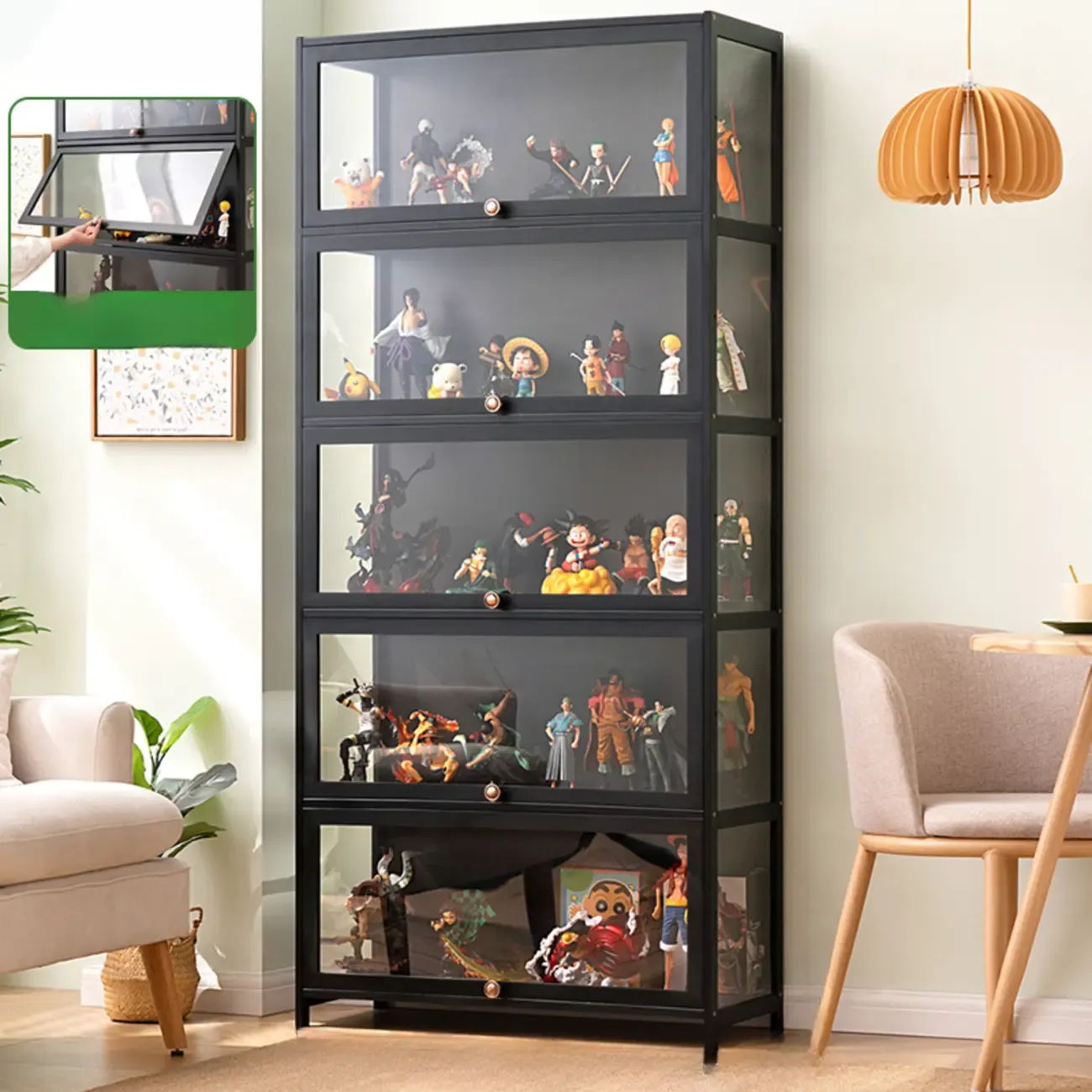 Trendy Rectangular Black Bamboo Floor Curio Cabinet Image - 2