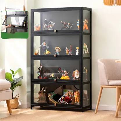 Trendy Rectangular Black Bamboo Floor Curio Cabinet Image - 3