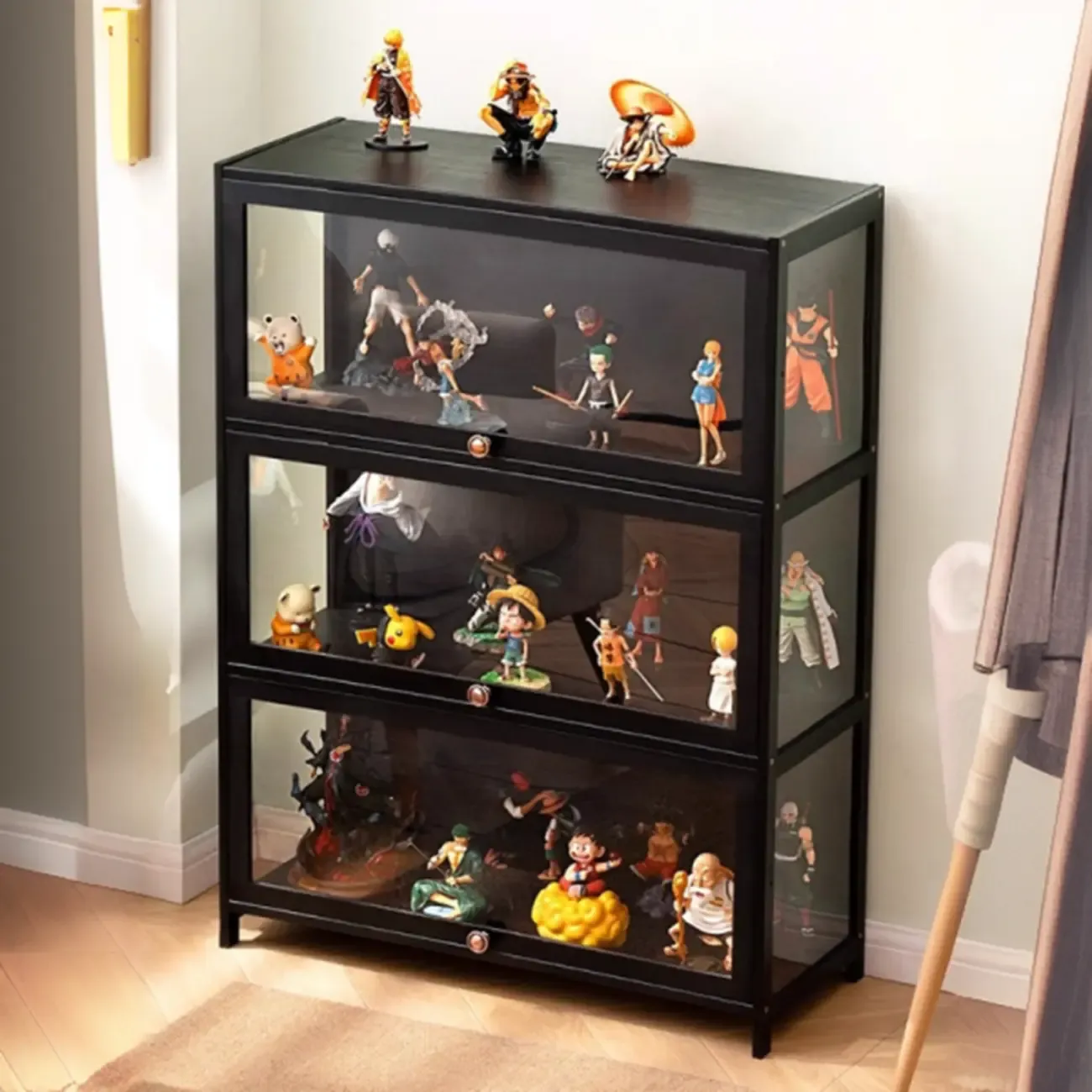 Trendy Rectangular Black Bamboo Floor Curio Cabinet Image - 4