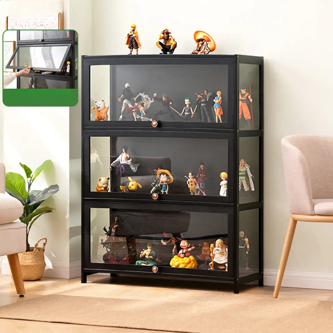 Trendy Rectangular Black Bamboo Floor Curio Cabinet Image - 5