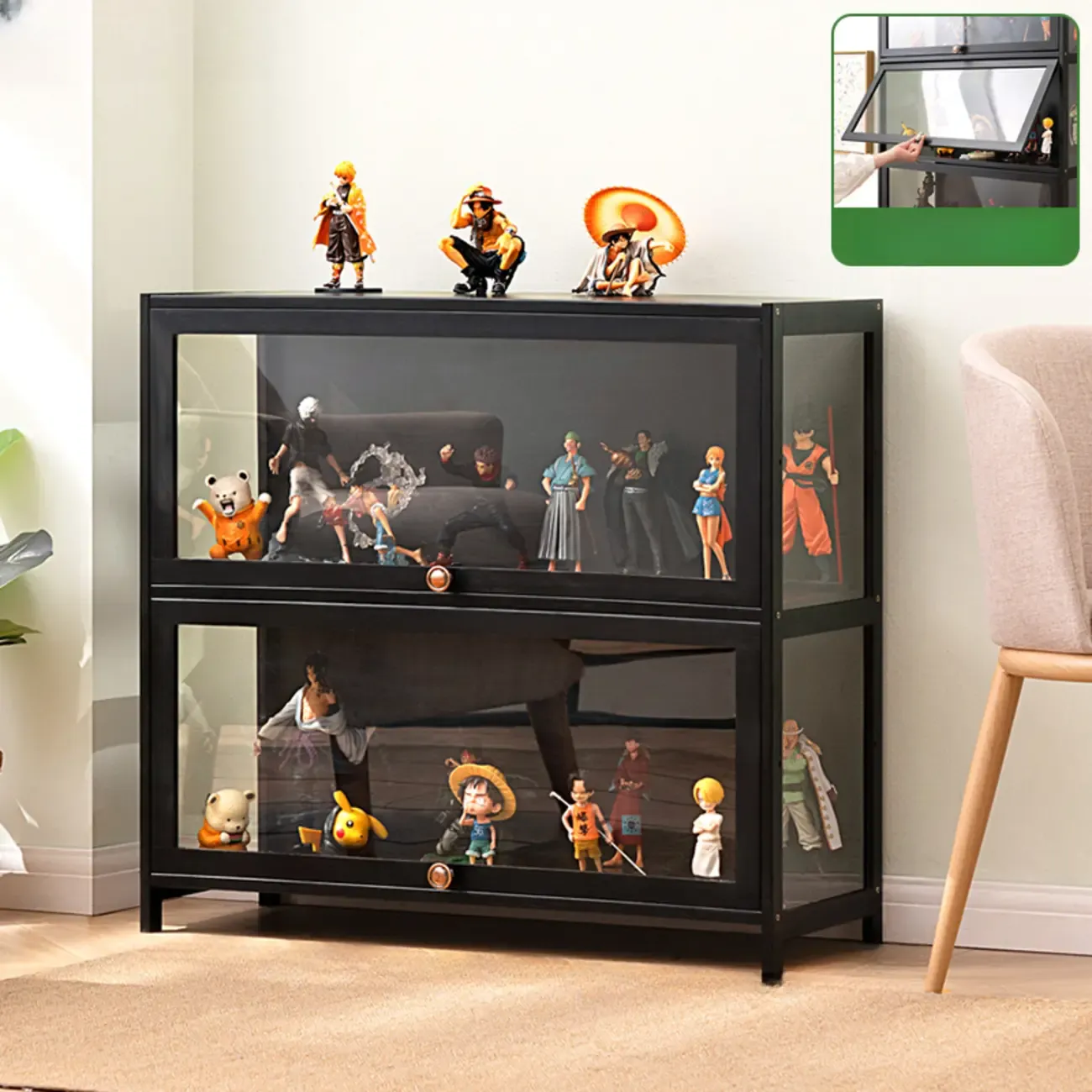 Trendy Rectangular Black Bamboo Floor Curio Cabinet Image - 7