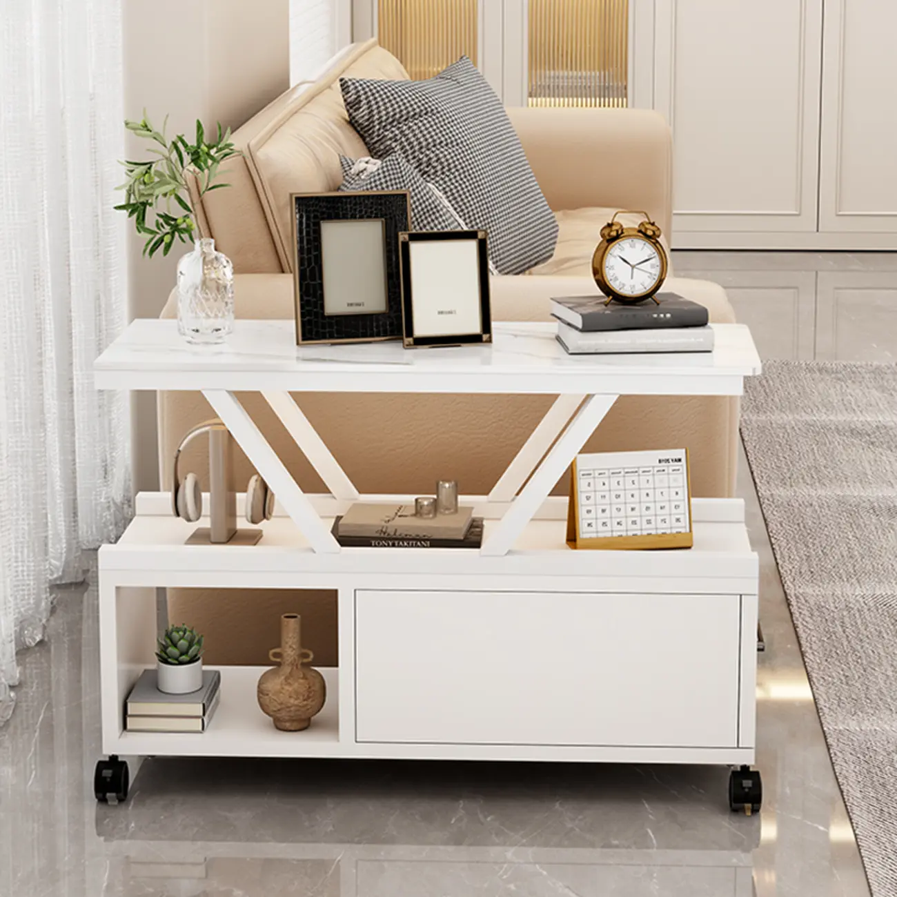 Grey Marble Top Rectangular Mobile Side Table with Storage Image - 2 | homeyfad