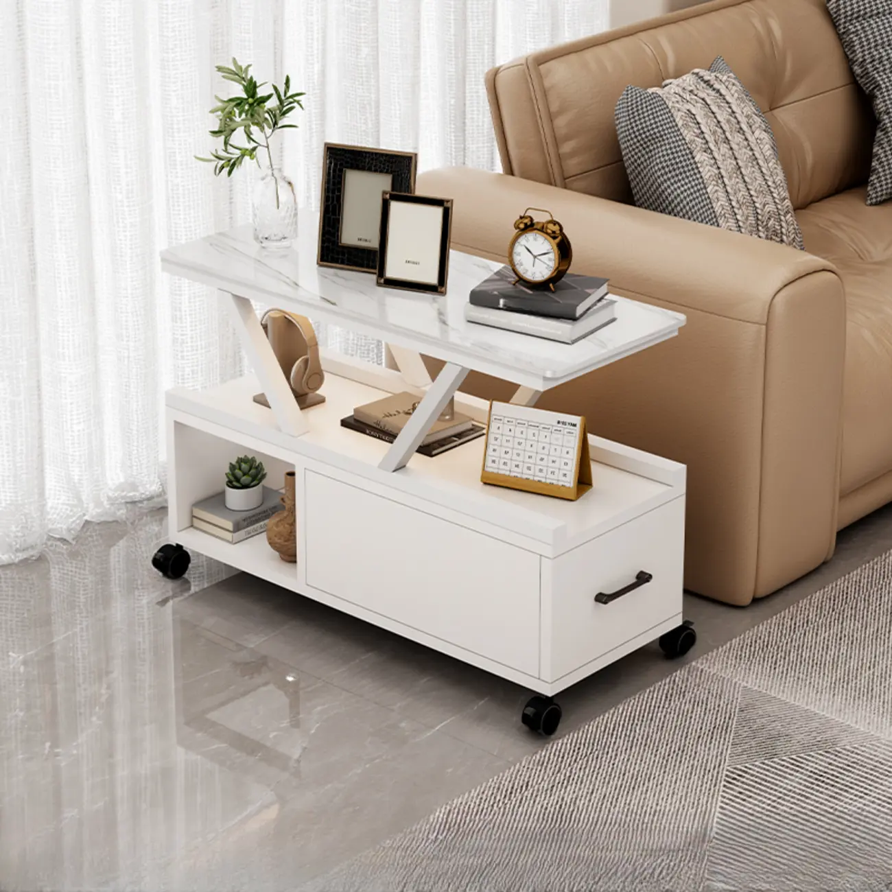 Grey Marble Top Rectangular Mobile Side Table with Storage Image - 3 | homeyfad