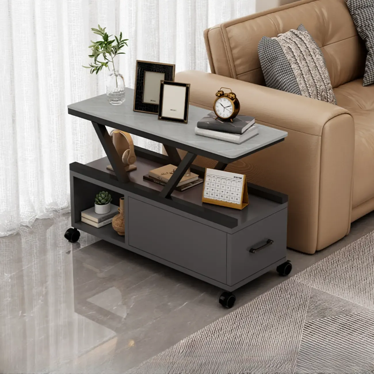 Grey Marble Top Rectangular Mobile Side Table with Storage Image - 1
