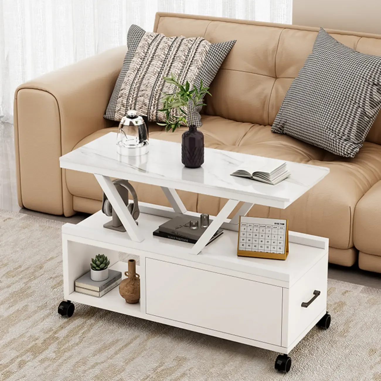 Grey Marble Top Rectangular Mobile Side Table with Storage Image - 4