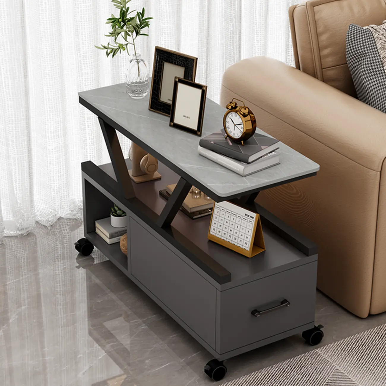 Grey Marble Top Rectangular Mobile Side Table with Storage Image - 5 | homeyfad