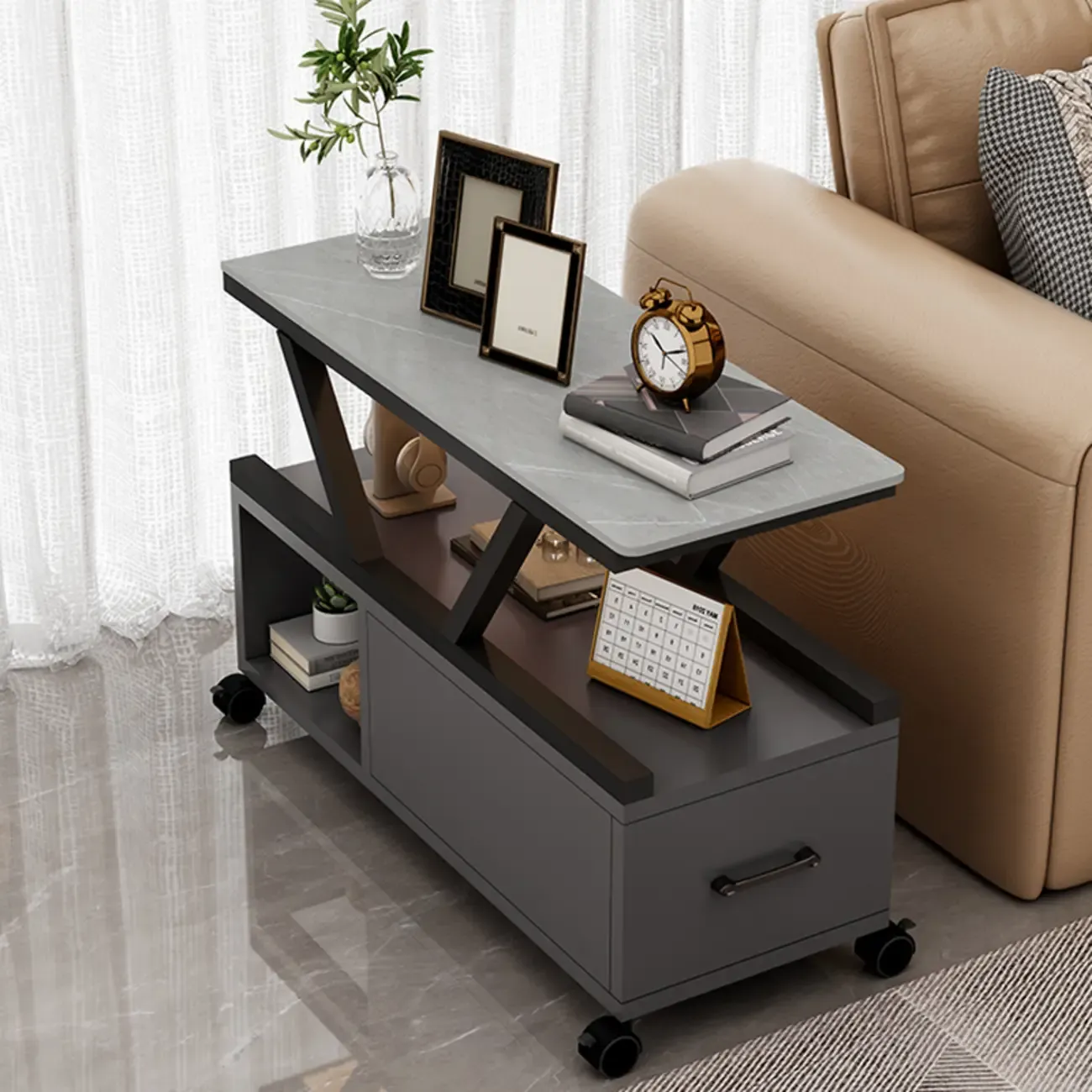 Grey Marble Top Rectangular Mobile Side Table with Storage Image - 5