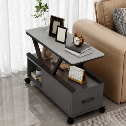 Grey Marble Top Rectangular Mobile Side Table with Storage Image - 5