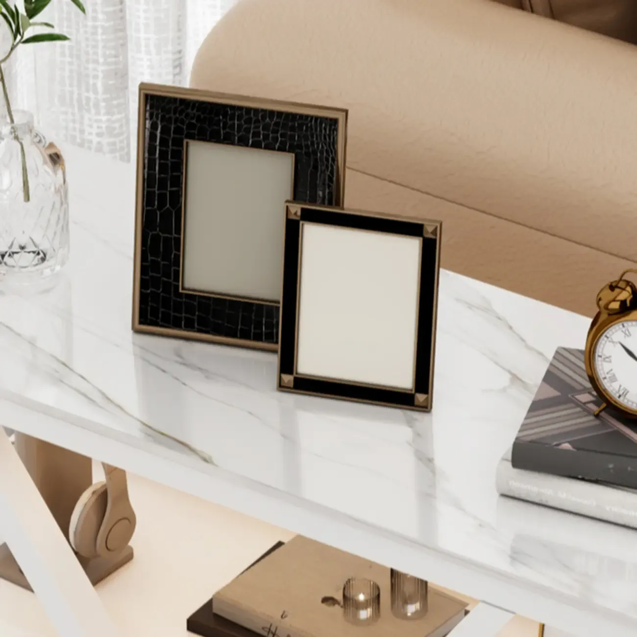 Grey Marble Top Rectangular Mobile Side Table with Storage Image - 6