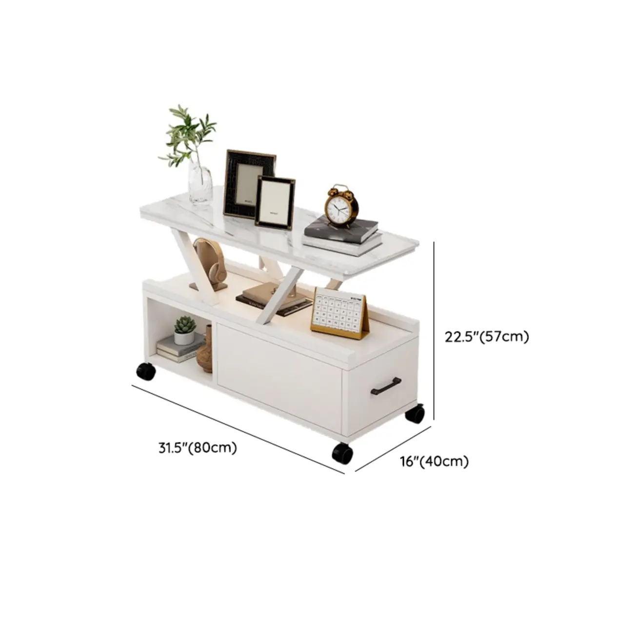 Grey Marble Top Rectangular Mobile Side Table with Storage Image - 11 | homeyfad